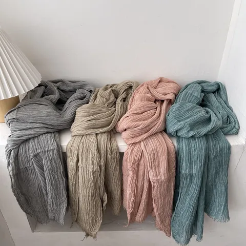 Women Pleated Scarf Soft Cotton Linen Feel Crinkle Solid Color Long Shawl Fringed Scarf For Office Air Conditioning Wear