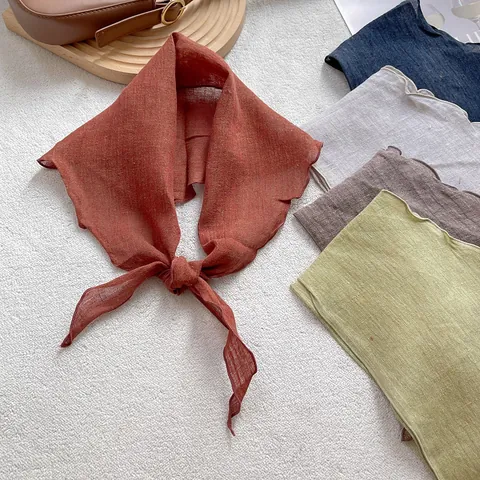 Pañuelo Triangular de Lino de Algodón Vintage Color Sólido para Mujer Retro Borde Ondulado Envoltura de Cabeza Pañuelo de Cuello Bandana Accesorio Primavera Verano