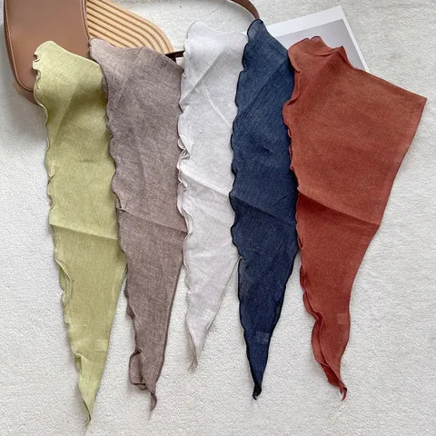 Pañuelo Triangular de Lino de Algodón Vintage Color Sólido para Mujer Retro Borde Ondulado Envoltura de Cabeza Pañuelo de Cuello Bandana Accesorio Primavera Verano