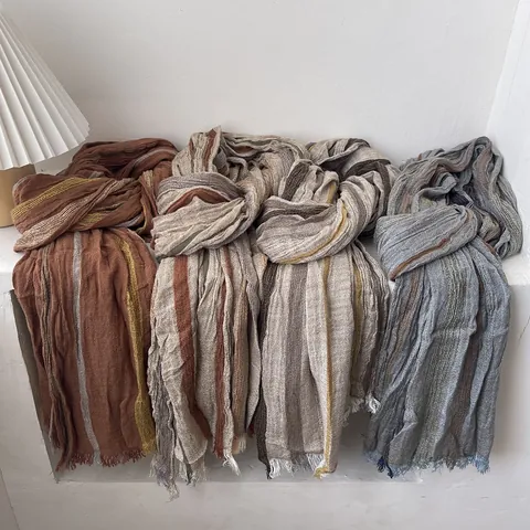 Sciarpa Donna Vintage Mori Style Cotone Lino Scialle a Righe Verticali Retro Con Frange Sottile Versatile Leggero Foulard