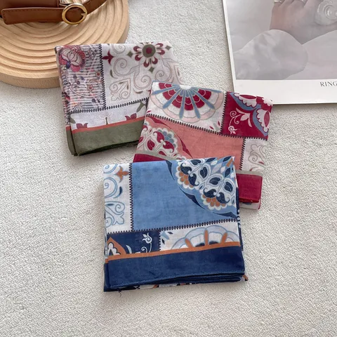 Women Vintage Totem Floral Cotton Linen Square Scarf Bohemian Print Neck Scarf Headband Hair Tie Accessories For Autumn Travel