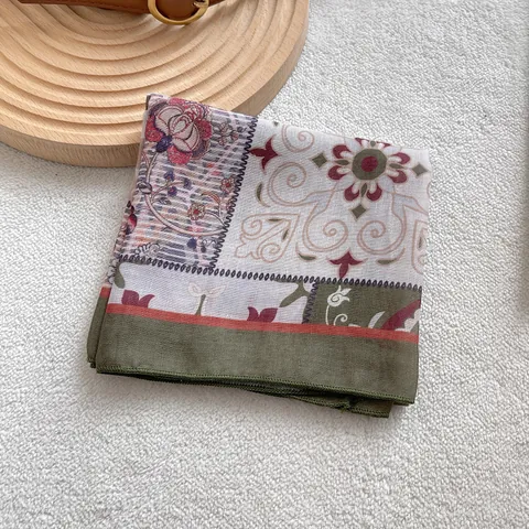 Women Vintage Totem Floral Cotton Linen Square Scarf Bohemian Print Neck Scarf Headband Hair Tie Accessories For Autumn Travel