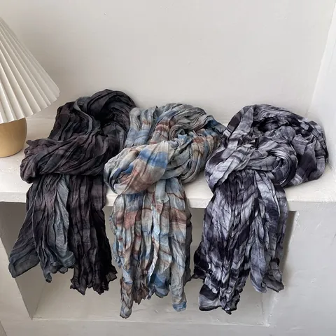 Damen Vintage Plissee Baumwolle Schal Künstlerisch Verlauf Batik Lang Schal Falten Warm Halswickel Für Frühling Herbst