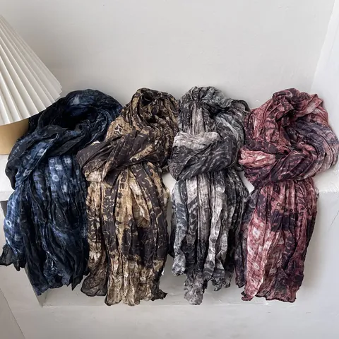 Bufanda Plisada Retro para Mujer Chal de Algodón Teñido Anudado Artístico Largo Envoltura de Crinkle Ligera para Primavera Otoño Invierno