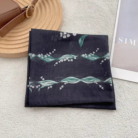 Elegant Lily Of The Valley Print Square Scarf For Women Breathable Satin Feeling Cotton Blend Neck Scarf Lightweight Headscarf