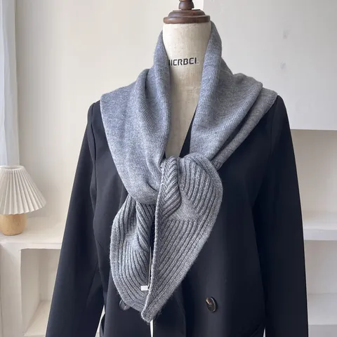 French Vintage Solid Color Knitted Triangle Scarf For Women Autumn Winter Warm Ribbed Shawl Wrap Elegant Nordic Style Neck Warmer
