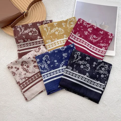 Vintage Floral Cotton Blend Square Scarf For Women Lightweight Satin Neck Scarf Fashion Paisley Head Scarf Handbag Accessory