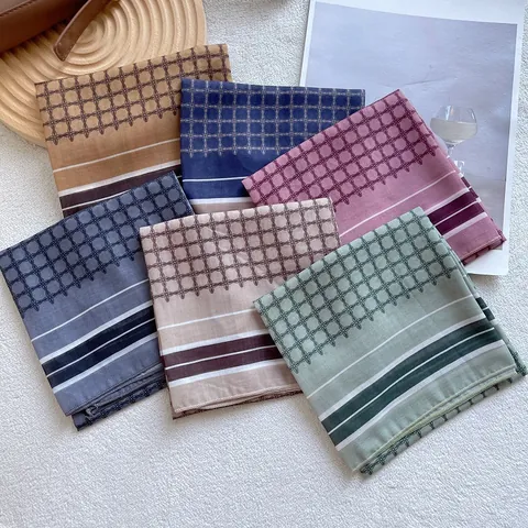 Vintage Geometric Print Satin Square Scarf Women Striped Border Cotton Blend Neckerchief Office Bag Wrap Waist Accessory