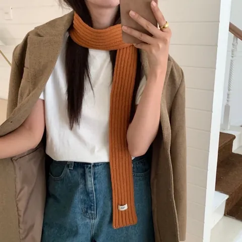 Women's Solid Color Skinny Knit Scarf Korean Style Ribbed Narrow Long Wrap For Autumn Winter Decorative Neck Scarf