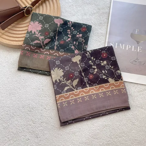 Pañuelo Cuadrado de Algodón y Lino Vintage con Flores para Mujer Pañuelo Decorativo para el Cuello Efecto Satén Patrón Botánico Geométrico