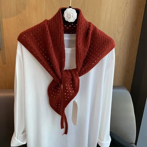 Pure Wool Hollow Out Knitted Triangle Shawl For Women Korean Style Retro Elegant Warm Decorative Wrap Scarf Multi Use