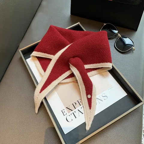 Women Knitted Contrast Color Triangle Scarf Neck Warmer With Button Soft Knitted Woolen Yarn Scarf For Fall Winter Warmth