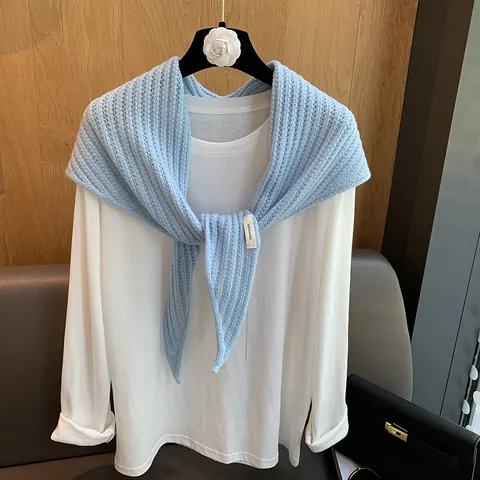 Women Pure Wool Knit Triangle Shawl Scarf Fishbone Ribbed Hollow Out Warm Wrap Korean Style Winter Autumn Neck Warmer
