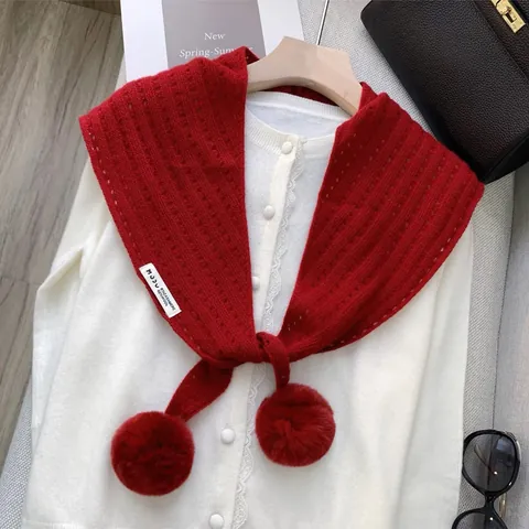 Damen Eleganter Strick Wolle Kaschmir Dreiecksschal Einfarbig Warm Winter Schal Mit Abnehmbarem Pompon Schulterwickel