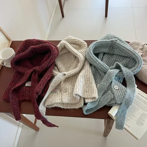 Passamontagna in Maglia da Donna Misto Poliestere a Costine Scaldacollo con Cappuccio e Chiusura a Bottone Accessori Invernali
