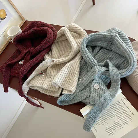 Passamontagna in Maglia da Donna Misto Poliestere a Costine Scaldacollo con Cappuccio e Chiusura a Bottone Accessori Invernali