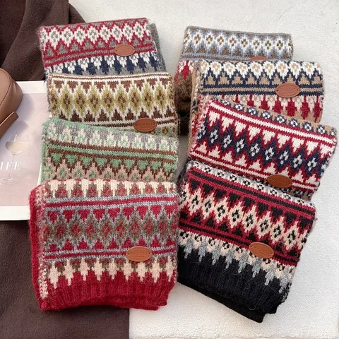 Bufanda de Punto Geométrica Vintage Fair Isle para Mujer Hombre Invierno Gruesa Cálida Hilo de Lana Navidad Rojo Gris