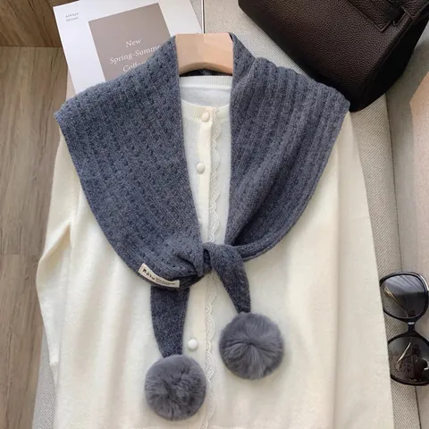 Damen Eleganter Strick Wolle Kaschmir Dreiecksschal Einfarbig Warm Winter Schal Mit Abnehmbarem Pompon Schulterwickel