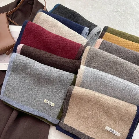 Women Soft Knitted Wool Blend Scarf Contrast Color Edge Winter Warm Ribbed Neck Warmer Minimalist Casual Fashion Shawl