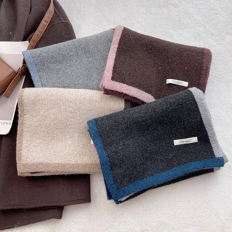 Women Soft Knitted Wool Blend Scarf Contrast Color Edge Winter Warm Ribbed Neck Warmer Minimalist Casual Fashion Shawl