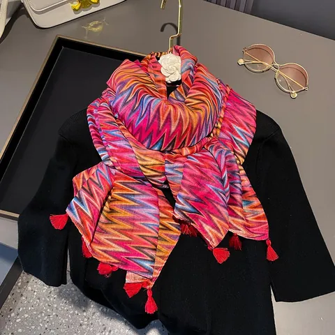Damen Bohemian Schal Mit Zickzackmuster Und Quasten Leichte Baumwolle Bali Garn Sonnenschutz Stola Ethno Stil Tuch