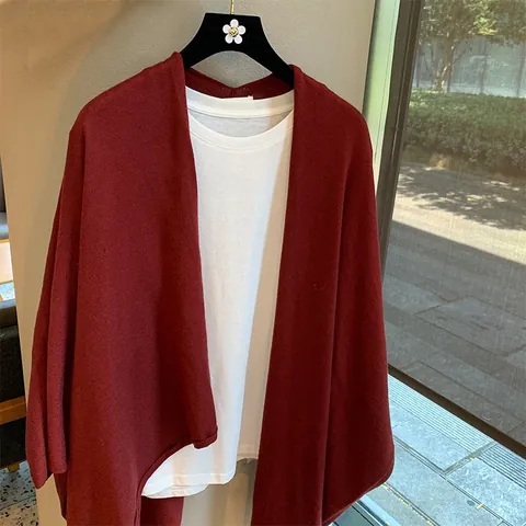 Mujer Elegante Poncho de Punto Chal Asimétrico Suave Envolvente Capa Color Sólido Cálido Holgado Ropa de Abrigo para Otoño Invierno