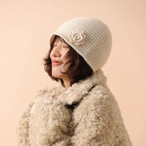 Women's 100% Wool Knit Beanie Hat With Crochet Flower Elegant Warm Winter Retro Skull Cap Solid Color Headwear For Ladies