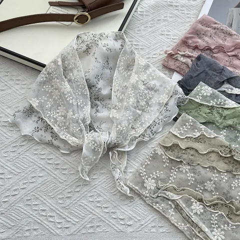 Korean Style Floral Lace Embroidery Triangle Scarf Double Layer Cotton Hair Band Elegant Neckerchief For Women Sunscreen