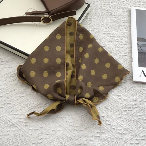 Women Retro Geometric Cross Print Cotton Blend Triangular Headscarf Elegant Double Sided Wavy Edge Neck Scarf Hair Band Fashion Accessory