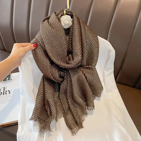Metallic Glitter Geplooide Sjaal Voor Dames Lange Omslagdoek Met Kwasten Veelzijdige Luxe Mode Accessoires Elegante Sjaal