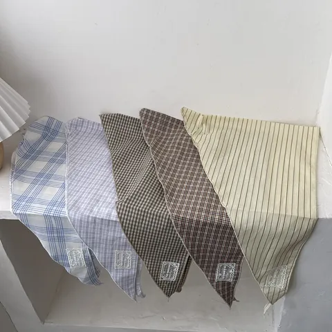 Vintage Plaid Striped Triangular Scarf For Women Cotton Korean Style Literary Head Wrap Scarf Casual Decorative Scarf