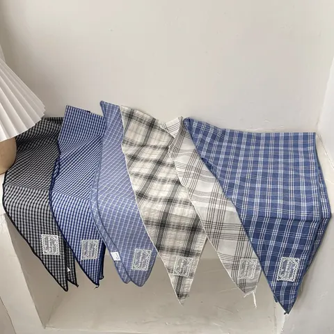 Cotton Plaid Triangle Scarf For Women Retro Literary Printed Sun Protection Neck Kerchief Headscarf Soft Skin Friendly Headscarf