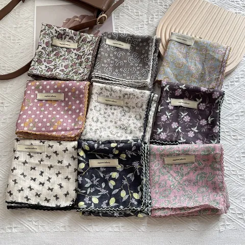 Pañuelo Cuadrado Vintage de Algodón y Lino para Mujer Estilo Francés Bandana Con Borde de Encaje Pañuelo para el Cuello de Ganchillo Bufanda para el Cabello Estampado Floral