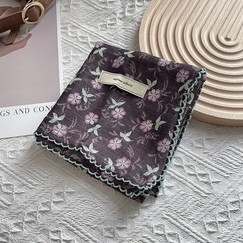 Pañuelo Cuadrado Vintage de Algodón y Lino para Mujer Estilo Francés Bandana Con Borde de Encaje Pañuelo para el Cuello de Ganchillo Bufanda para el Cabello Estampado Floral