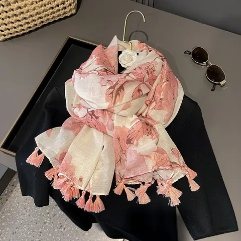 Écharpe Femme Bohème Ethnique Mélange Coton Lin Imprimé Floral Rose Avec Glands Châle Léger Protection Solaire