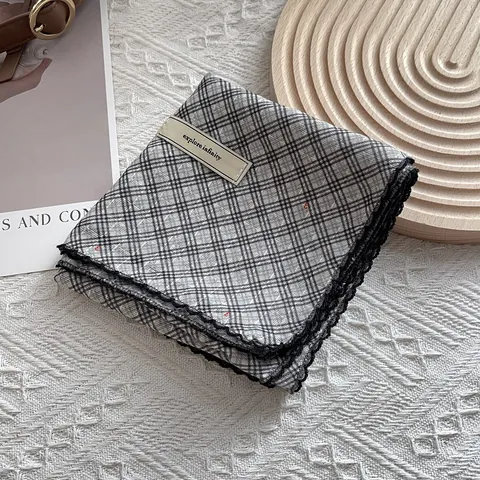 Vintage Plaid Cotton Square Scarf For Women With Lace Trim Retro Checkered Decorative Headband Neck Tie Hair Accessories