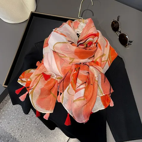 Bohemian Tropisch Botanisch Blumig Bedruckter Schal Für Damen Leicht Baumwolle Quasten Stola Tuch Atmungsaktiv Strand Accessoires
