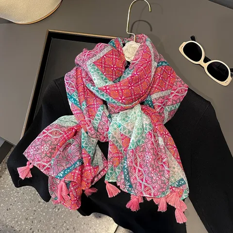 Sciarpa con Stampa Floreale Geometrica Etnica Boema per Donna Scialle Leggero con Nappe in Misto Cotone Protezione Solare