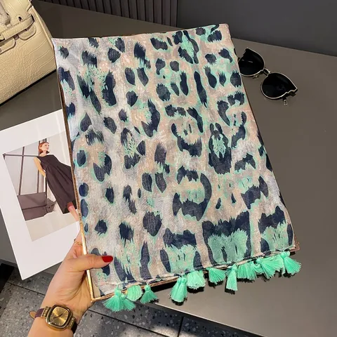 Damen Leopard Muster Baumwolle Schal Leicht Dünn Minzgrün Sonnenschutz Quasten Stola Vintage Ethno Wrap Pashmina Mode Accessoire