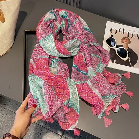 Sciarpa con Stampa Floreale Geometrica Etnica Boema per Donna Scialle Leggero con Nappe in Misto Cotone Protezione Solare
