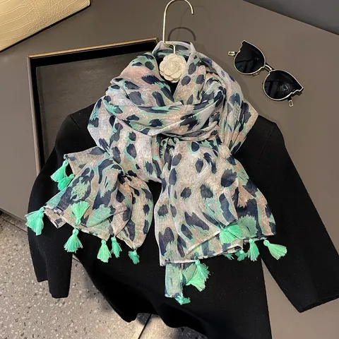Damen Leopard Muster Baumwolle Schal Leicht Dünn Minzgrün Sonnenschutz Quasten Stola Vintage Ethno Wrap Pashmina Mode Accessoire