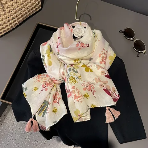 Bufanda con Estampado Floral de Estilo Étnico para Mujer Chal de Mezcla de Algodón Ligero con Borlas para Viajes Playa