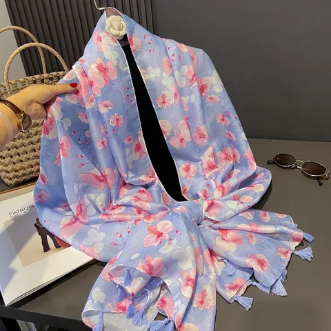 Bufanda de Algodón Azul Claro Elegante para Mujer Estampado Floral de Orquídea Rosa Chal Fino Protección Solar Borlas
