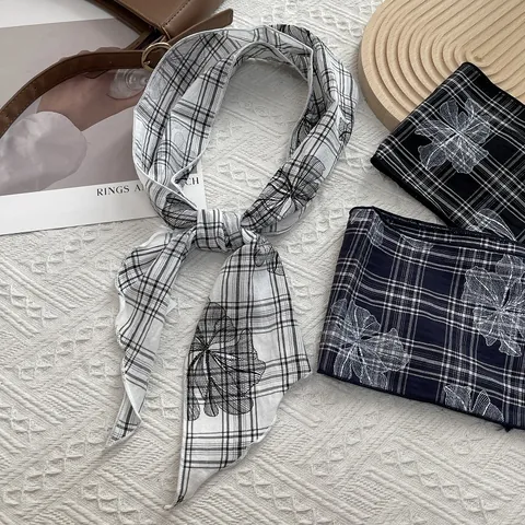 Sciarpa in Raso Vintage a Quadri con Stampa Floreale Donna Sottile Nastro Lungo Scialle Retro Fascia per Capelli Elegante Foulard