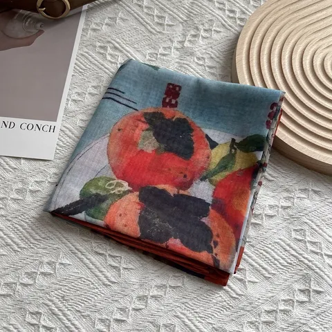 Vintage Floral Satin Square Scarf For Women Breathable Fresh Persimmon Print Head Scarf Fashion Neckerchief Hair Accessory