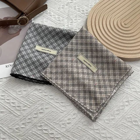 Vintage Plaid Cotton Square Scarf For Women With Lace Trim Retro Checkered Decorative Headband Neck Tie Hair Accessories