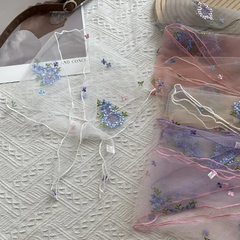 French Vintage Floral Embroidered Mesh Triangle Head Scarf Lace Hair Band For Women Pastoral Style Hair Wrap Headband