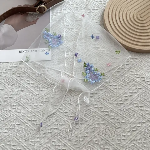 French Vintage Floral Embroidered Mesh Triangle Head Scarf Lace Hair Band For Women Pastoral Style Hair Wrap Headband
