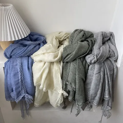 Elegant Lace Edge Cotton Linen Scarf With Bow Knot For Women Solid Color Long Shawl Soft Lightweight Scarf Daily Decoration