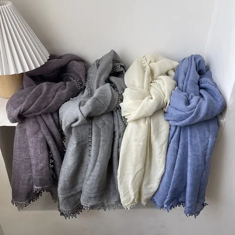 Women's Solid Color Cotton Linen Scarf Long Sunscreen Shawl With Pom-Pom Crochet Lace Trim Elegant Beach Wrap For Summer Travel